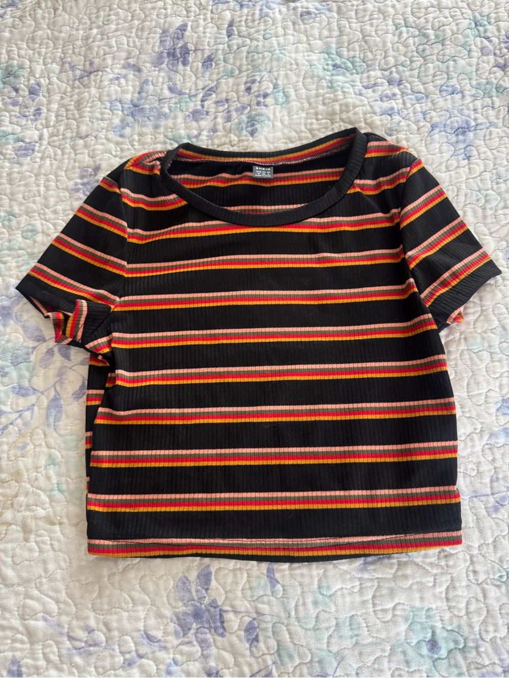 SHEIN Black Ribbed Crop Top with Red & Yellow Stripes